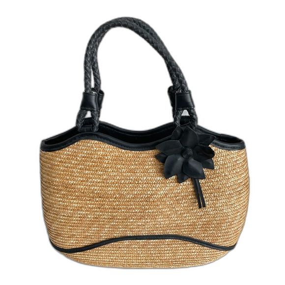 Unknown Handbags - Straw Two-Handled Purse with Black Leather Braided Handles & Flower Accent